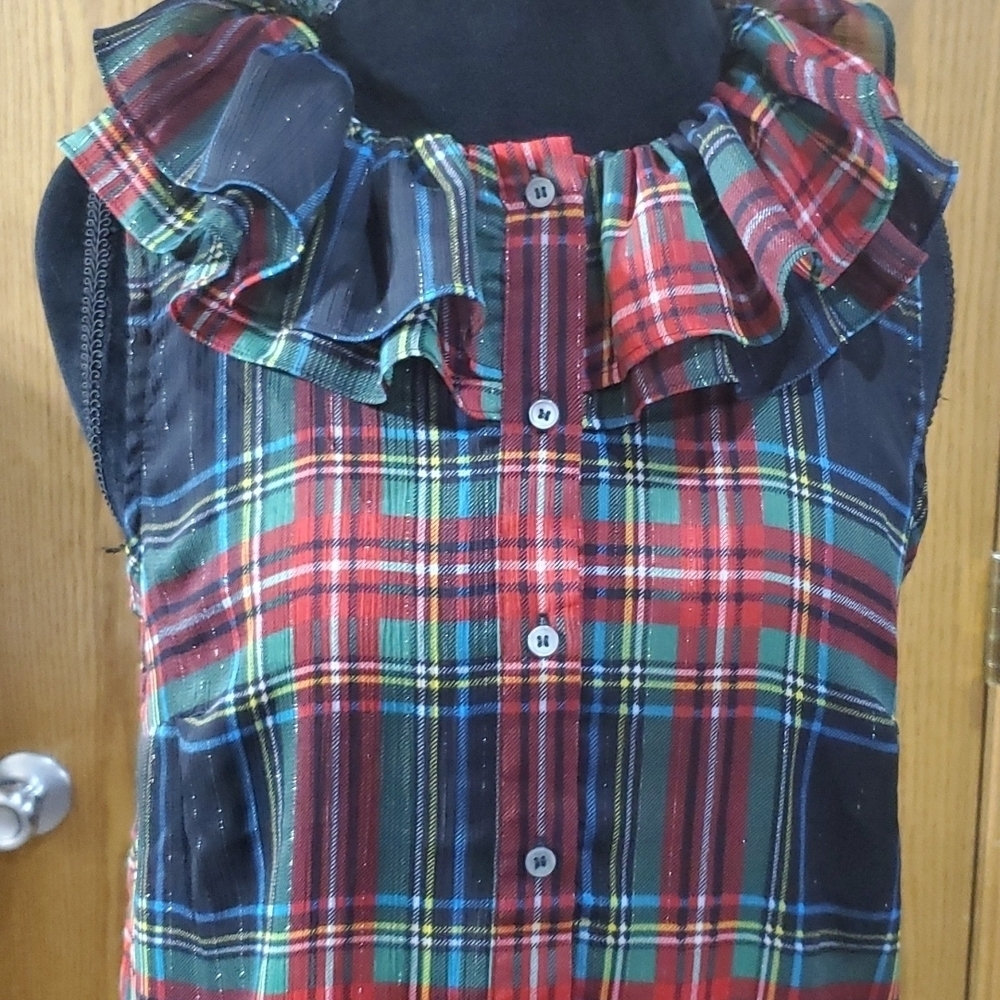 J crew ruffled collar sheer plaid top with built in camisole metallic Threads